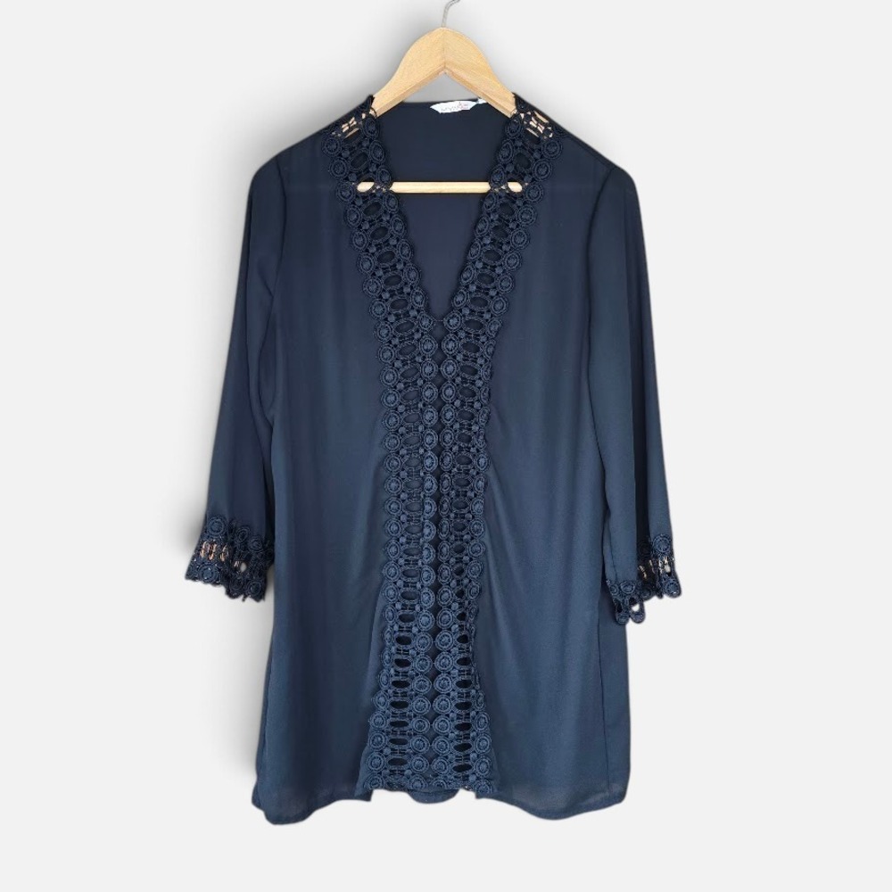Miyang Black Tunic Swimsuit Cover Crochet Lace Trim Women L Boho Chic Blouse